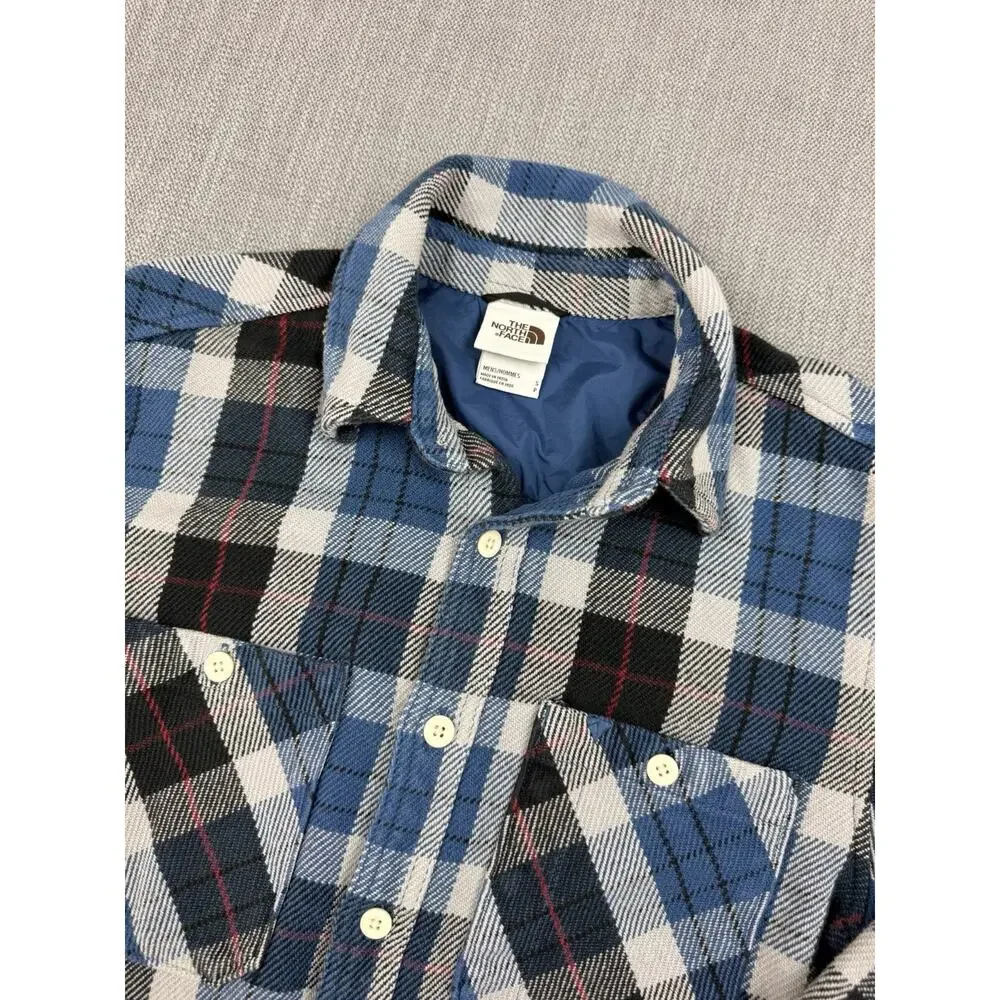 North Face Men Small Valley Twill Flannel Button Shirt Thick Cotton Plaid Blue